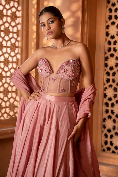 Buy_Enamour By Radha_Pink Organza, Net, Silk Beads, Sequins Floral Embroidered Corset Lehenga Set _Online_at_Aza_Fashions