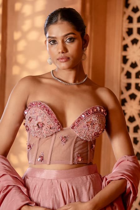 Shop_Enamour By Radha_Pink Organza, Net, Silk Beads, Sequins Floral Embroidered Corset Lehenga Set _Online_at_Aza_Fashions