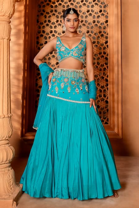 Enamour By Radha Blue Organza Embroidery Floral V-neck Zari Fish Cut Lehenga Set 