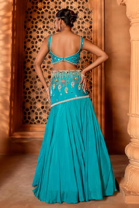 Shop Enamour By Radha Blue Organza, Silk Sequins, Beads, Zari Floral Embroidered Fish Cut Lehenga Set at Aza Fashions Shop_Enamour By Radha_Blue Organza, Silk Sequins, Beads, Zari Floral Embroidered Fish Cut Lehenga Set _at_Aza_Fashions