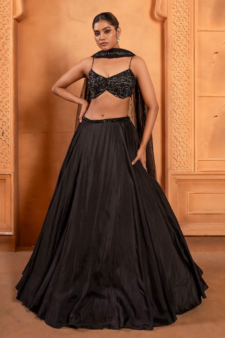 Enamour By Radha Black Upada Silk Embroidery Sequins Plunge V-neck Flared Lehenga Set 