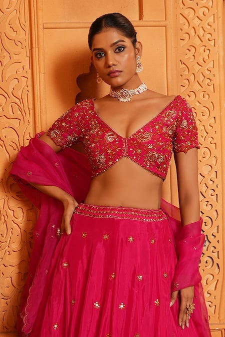 Shop Enamour By Radha Pink Organza, Silk Zari, Mirrors, Beads Paisley Jaal Embroidered Lehenga Set at Aza Fashions Shop_Enamour By Radha_Pink Organza, Silk Zari, Mirrors, Beads Paisley Jaal Embroidered Lehenga Set _at_Aza_Fashions