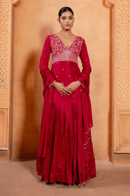 Enamour By Radha_Pink Chiffon, Silk Sequins, Embroidery Floral Glass Beads Anarkali With Dupatta _Online_at_Aza_Fashions