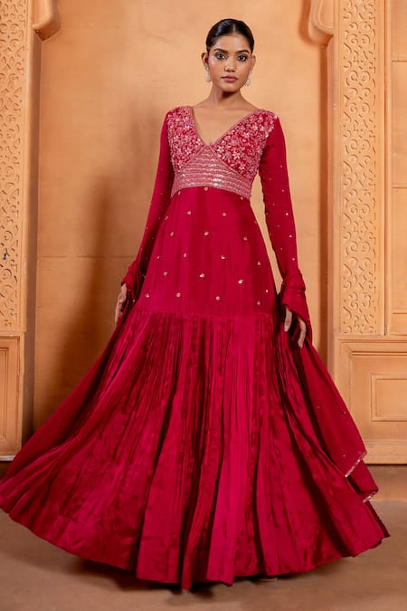 Buy_Enamour By Radha_Pink Chiffon, Silk Sequins, Embroidery Floral Glass Beads Anarkali With Dupatta _Online_at_Aza_Fashions