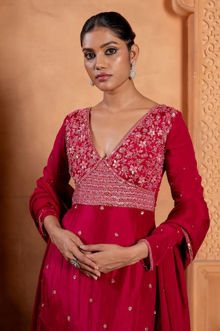 Shop_Enamour By Radha_Pink Chiffon, Silk Sequins, Embroidery Floral Glass Beads Anarkali With Dupatta _Online_at_Aza_Fashions