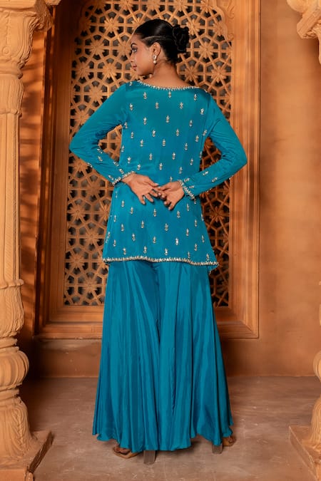 Shop Enamour By Radha Blue Chiffon, Silk Pearls, Sequins, Embroidered Tie Up Jacket And Sharara Set at Aza Fashions Shop_Enamour By Radha_Blue Chiffon, Silk Pearls, Sequins, Embroidered Tie Up Jacket And Sharara Set _at_Aza_Fashions