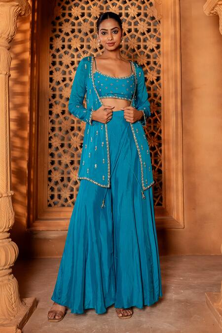 Enamour By Radha Blue Chiffon, Silk Pearls, Sequins, Embroidered Tie Up Jacket And Sharara Set Online at Aza Fashions Enamour By Radha_Blue Chiffon, Silk Pearls, Sequins, Embroidered Tie Up Jacket And Sharara Set _Online_at_Aza_Fashions