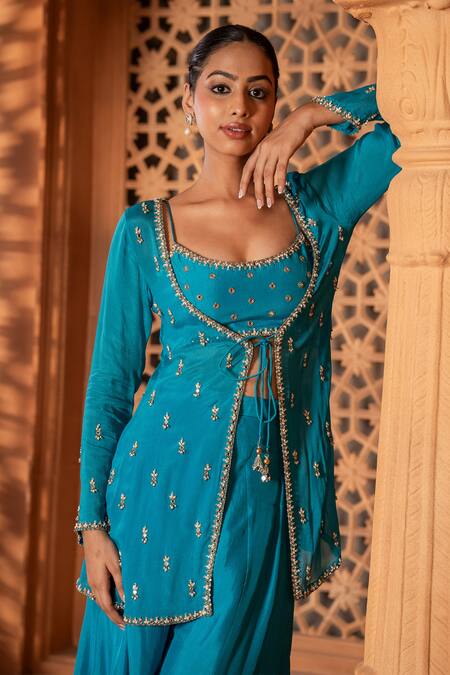 Buy Enamour By Radha Blue Chiffon, Silk Pearls, Sequins, Embroidered Tie Up Jacket And Sharara Set Online at Aza Fashions Buy_Enamour By Radha_Blue Chiffon, Silk Pearls, Sequins, Embroidered Tie Up Jacket And Sharara Set _Online_at_Aza_Fashions
