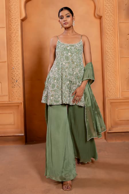 Enamour By Radha Green Chiffon, Silk Pearls, Floral Embroidered Flared Tunic And Sharara Set Online at Aza Fashions Enamour By Radha_Green Chiffon, Silk Pearls, Floral Embroidered Flared Tunic And Sharara Set _Online_at_Aza_Fashions