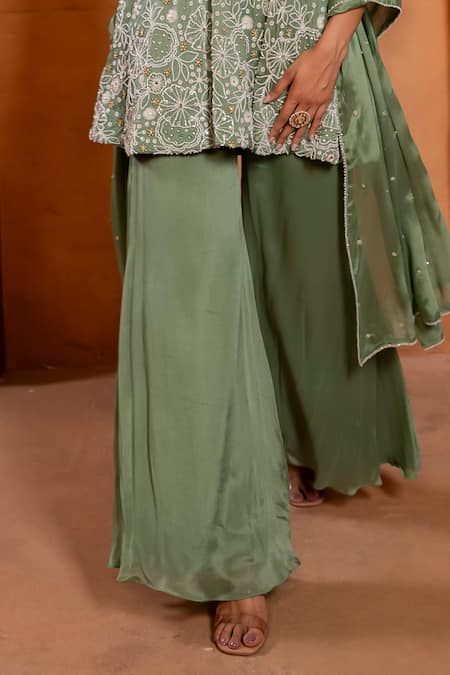 Buy Enamour By Radha Green Chiffon, Silk Pearls, Floral Embroidered Flared Tunic And Sharara Set Online at Aza Fashions Buy_Enamour By Radha_Green Chiffon, Silk Pearls, Floral Embroidered Flared Tunic And Sharara Set _Online_at_Aza_Fashions