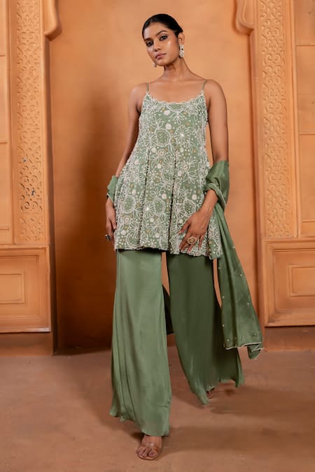 Shop Enamour By Radha Green Chiffon, Silk Pearls, Floral Embroidered Flared Tunic And Sharara Set Online at Aza Fashions Shop_Enamour By Radha_Green Chiffon, Silk Pearls, Floral Embroidered Flared Tunic And Sharara Set _Online_at_Aza_Fashions