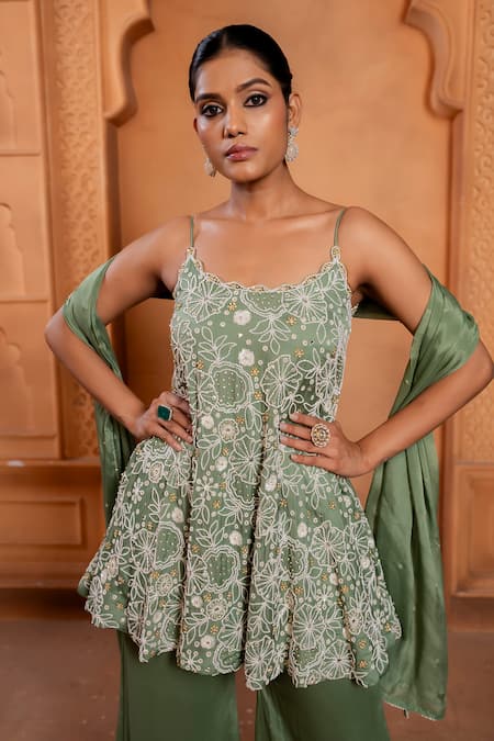 Enamour By Radha Green Chiffon, Silk Pearls, Floral Embroidered Flared Tunic And Sharara Set at Aza Fashions Enamour By Radha_Green Chiffon, Silk Pearls, Floral Embroidered Flared Tunic And Sharara Set _at_Aza_Fashions