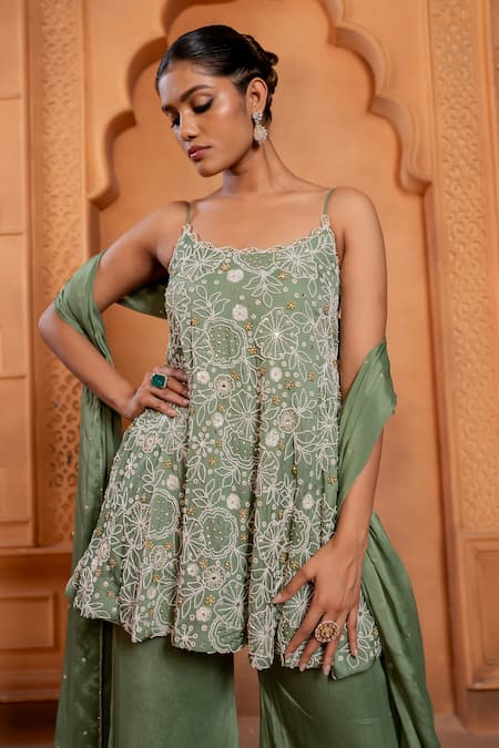 Buy Enamour By Radha Green Chiffon, Silk Pearls, Floral Embroidered Flared Tunic And Sharara Set Buy_Enamour By Radha_Green Chiffon, Silk Pearls, Floral Embroidered Flared Tunic And Sharara Set