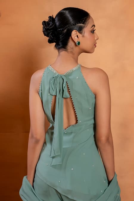 Shop Enamour By Radha Green Crepe, Silk Pearls, Sequins, Beads, Floral Asymmetric Kurta And Pant Set at Aza Fashions Shop_Enamour By Radha_Green Crepe, Silk Pearls, Sequins, Beads, Floral Asymmetric Kurta And Pant Set _at_Aza_Fashions