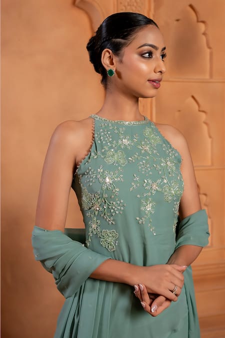 Buy Enamour By Radha Green Crepe, Silk Pearls, Sequins, Beads, Floral Asymmetric Kurta And Pant Set Online at Aza Fashions Buy_Enamour By Radha_Green Crepe, Silk Pearls, Sequins, Beads, Floral Asymmetric Kurta And Pant Set _Online_at_Aza_Fashions
