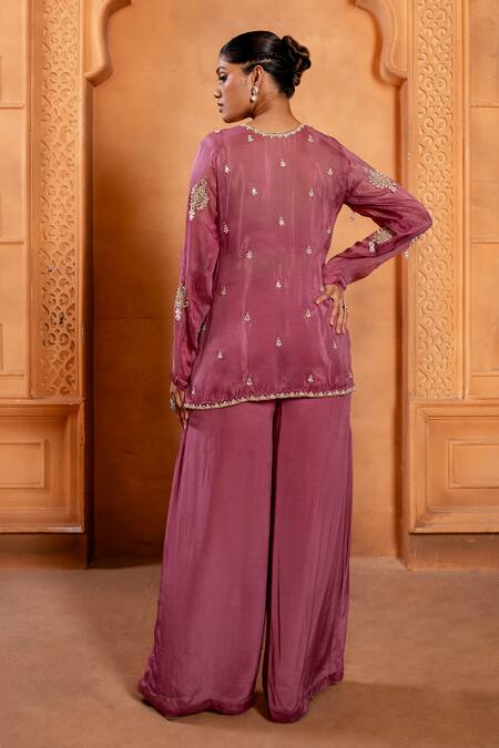 Shop Enamour By Radha Pink Crepe, Silk Beads, Pearls, Sequins Embroidered Short Kurta With Flared Pant at Aza Fashions Shop_Enamour By Radha_Pink Crepe, Silk Beads, Pearls, Sequins Embroidered Short Kurta With Flared Pant _at_Aza_Fashions