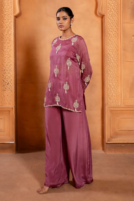 Buy Enamour By Radha Pink Crepe, Silk Beads, Pearls, Sequins Embroidered Short Kurta With Flared Pant Online at Aza Fashions Buy_Enamour By Radha_Pink Crepe, Silk Beads, Pearls, Sequins Embroidered Short Kurta With Flared Pant _Online_at_Aza_Fashions