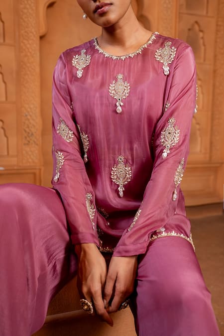 Shop Enamour By Radha Pink Crepe, Silk Beads, Pearls, Sequins Embroidered Short Kurta With Flared Pant Online at Aza Fashions Shop_Enamour By Radha_Pink Crepe, Silk Beads, Pearls, Sequins Embroidered Short Kurta With Flared Pant _Online_at_Aza_Fashions