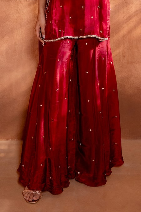 Enamour By Radha_Red Organza, Silk Sequins, Pearls Zari Embroidered Slit Tunic And Sharara Set _Online_at_Aza_Fashions