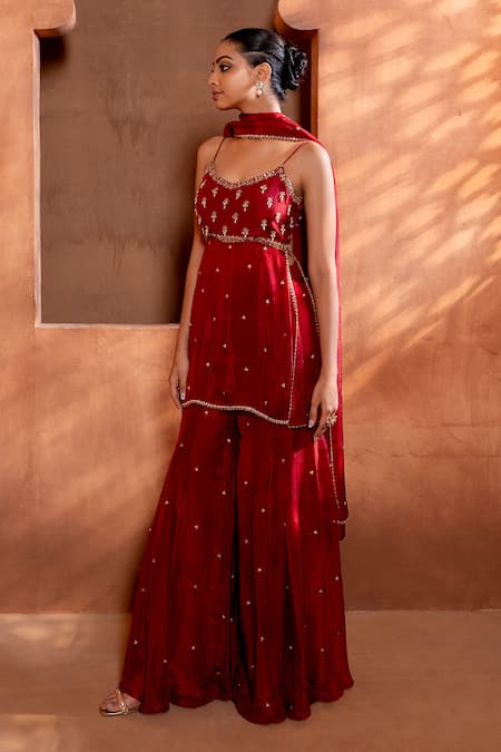 Buy_Enamour By Radha_Red Organza, Silk Sequins, Pearls Zari Embroidered Slit Tunic And Sharara Set _Online_at_Aza_Fashions