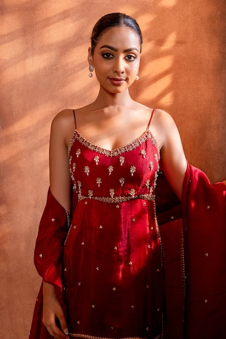 Shop_Enamour By Radha_Red Organza, Silk Sequins, Pearls Zari Embroidered Slit Tunic And Sharara Set _Online_at_Aza_Fashions