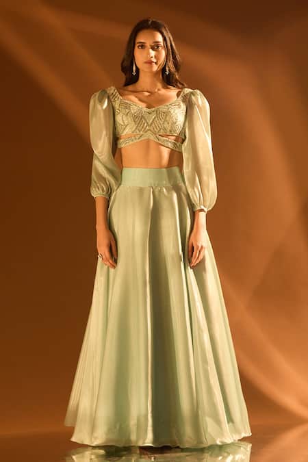 Shop_Samyukta Singhania_Blue Net, Satin, Organza Cut Work, Sequins Sweetheart Neck Flared Lehenga Set _at_Aza_Fashions