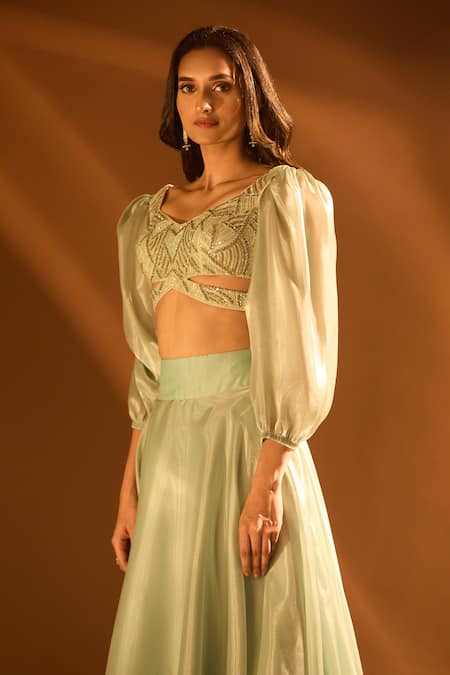 Samyukta Singhania_Blue Net, Satin, Organza Cut Work, Sequins Sweetheart Neck Flared Lehenga Set _Online_at_Aza_Fashions