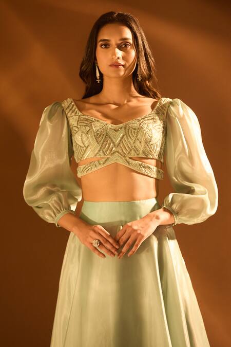 Buy_Samyukta Singhania_Blue Net, Satin, Organza Cut Work, Sequins Sweetheart Neck Flared Lehenga Set _Online_at_Aza_Fashions