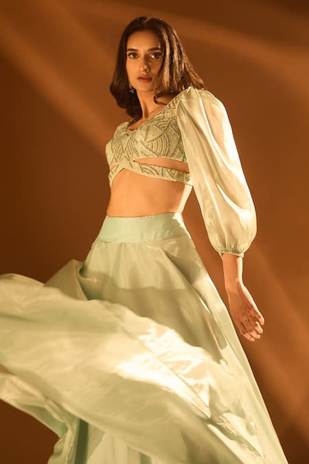 Shop_Samyukta Singhania_Blue Net, Satin, Organza Cut Work, Sequins Sweetheart Neck Flared Lehenga Set _Online_at_Aza_Fashions