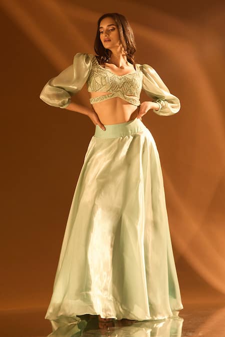 Buy_Samyukta Singhania_Blue Net, Satin, Organza Cut Work, Sequins Sweetheart Neck Flared Lehenga Set 