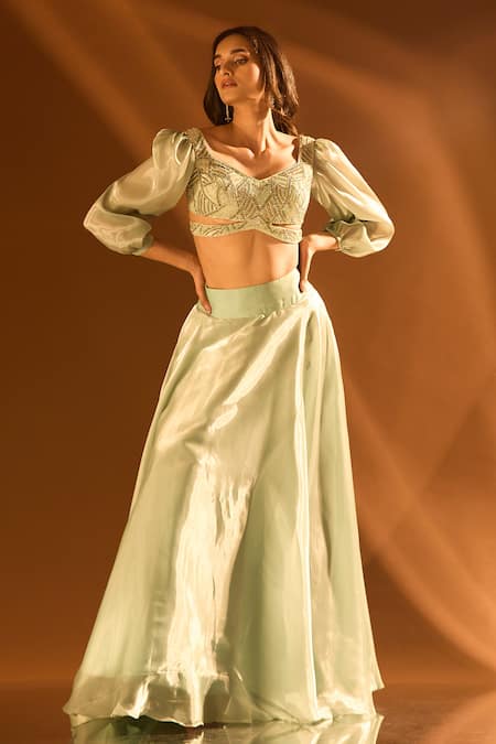 Shop_Samyukta Singhania_Blue Net, Satin, Organza Cut Work, Sequins Sweetheart Neck Flared Lehenga Set 