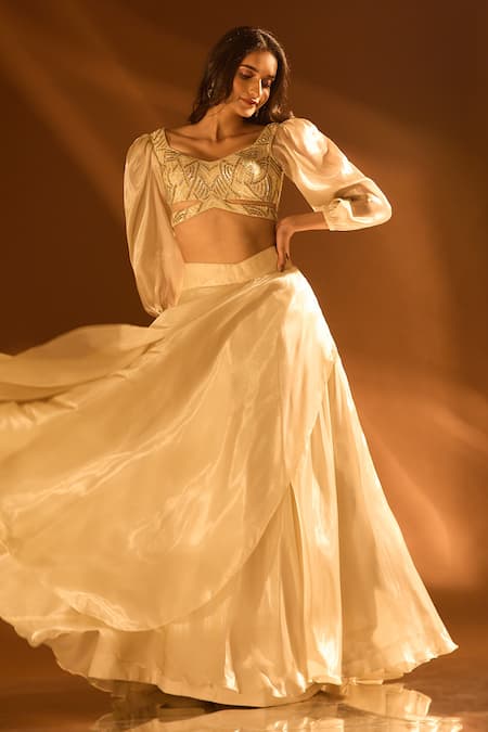 Shop_Samyukta Singhania_Yellow Net, Satin, Organza Sequins, Cut Work Sweetheart Neck Flared Lehenga Set _at_Aza_Fashions