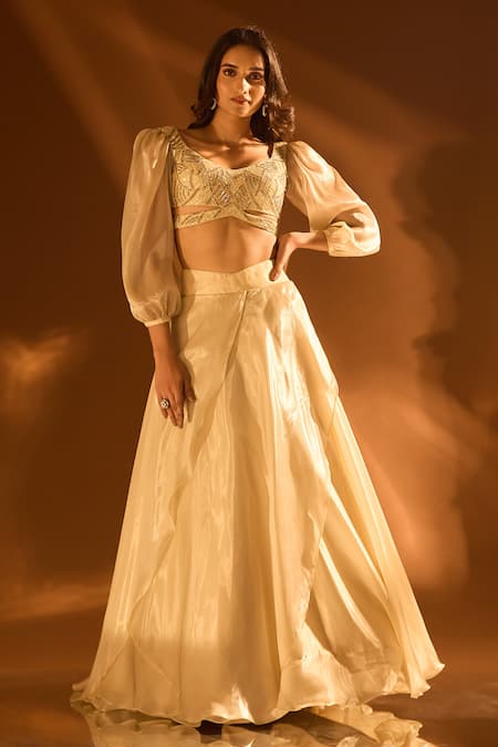Samyukta Singhania_Yellow Net, Satin, Organza Sequins, Cut Work Sweetheart Neck Flared Lehenga Set _Online_at_Aza_Fashions