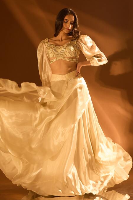 Buy_Samyukta Singhania_Yellow Net, Satin, Organza Sequins, Cut Work Sweetheart Neck Flared Lehenga Set _Online_at_Aza_Fashions