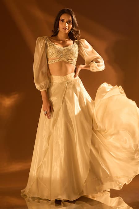 Shop_Samyukta Singhania_Yellow Net, Satin, Organza Sequins, Cut Work Sweetheart Neck Flared Lehenga Set 