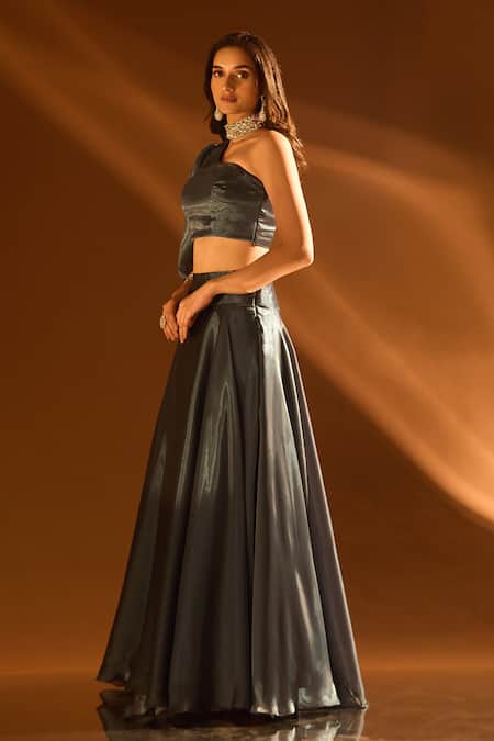 Samyukta Singhania_Blue Satin, Organza Beads One Shoulder Blouse And Lehenga Set _Online_at_Aza_Fashions