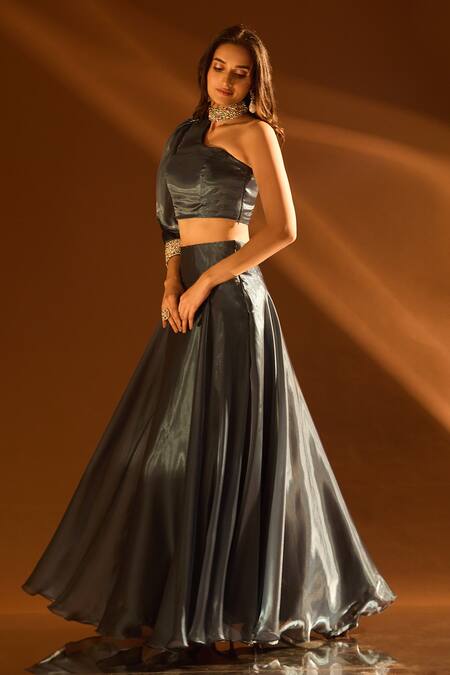 Buy_Samyukta Singhania_Blue Satin, Organza Beads One Shoulder Blouse And Lehenga Set 