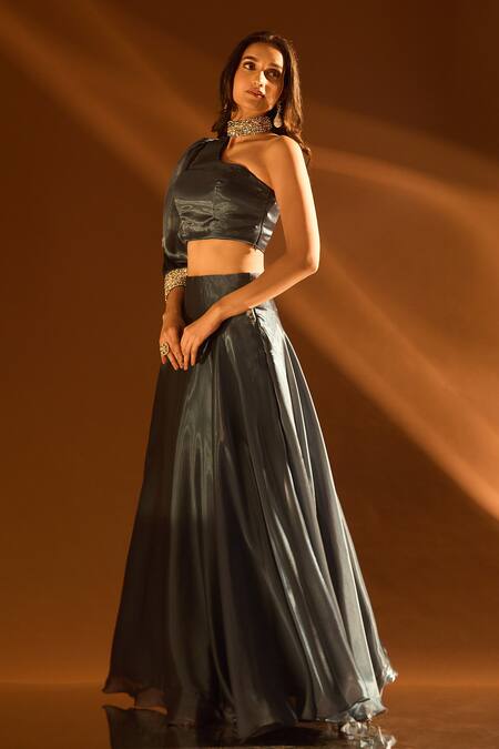 Shop_Samyukta Singhania_Blue Satin, Organza Beads One Shoulder Blouse And Lehenga Set 