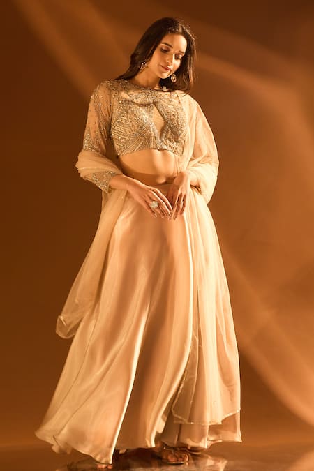 Shop_Samyukta Singhania_Off White Satin, Organza Sequins, Cut Work Embroidered Blouse And Lehenga Set _at_Aza_Fashions