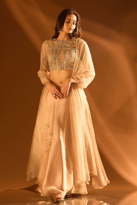 Buy_Samyukta Singhania_Off White Satin, Organza Sequins, Cut Work Embroidered Blouse And Lehenga Set _Online_at_Aza_Fashions