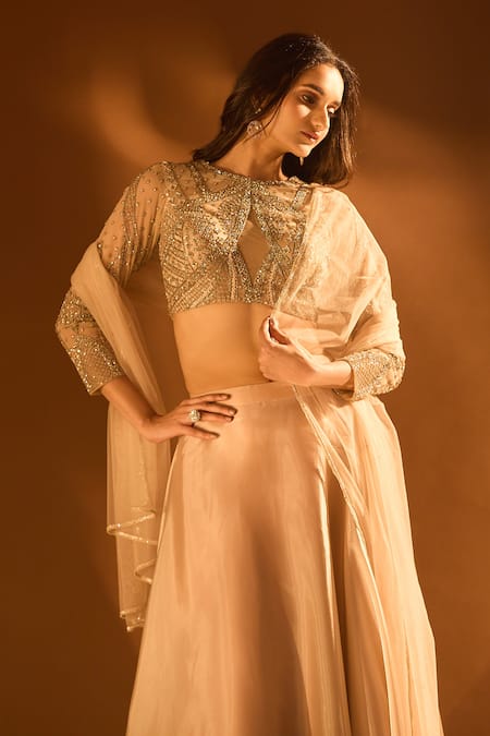 Samyukta Singhania_Off White Satin, Organza Sequins, Cut Work Embroidered Blouse And Lehenga Set _at_Aza_Fashions