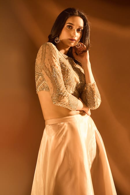 Buy_Samyukta Singhania_Off White Satin, Organza Sequins, Cut Work Embroidered Blouse And Lehenga Set 