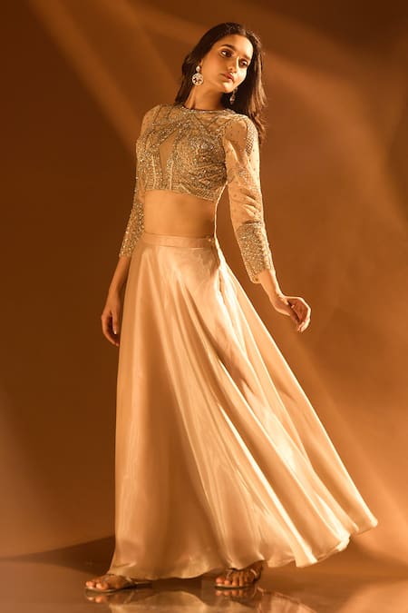 Shop_Samyukta Singhania_Off White Satin, Organza Sequins, Cut Work Embroidered Blouse And Lehenga Set 