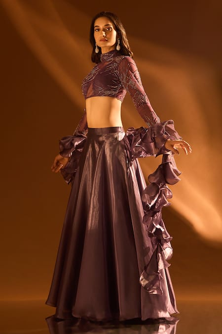 Shop_Samyukta Singhania_Purple Net, Satin, Organza Cut Work, Sequins, Embroidered Blouse And Lehenga Set _at_Aza_Fashions
