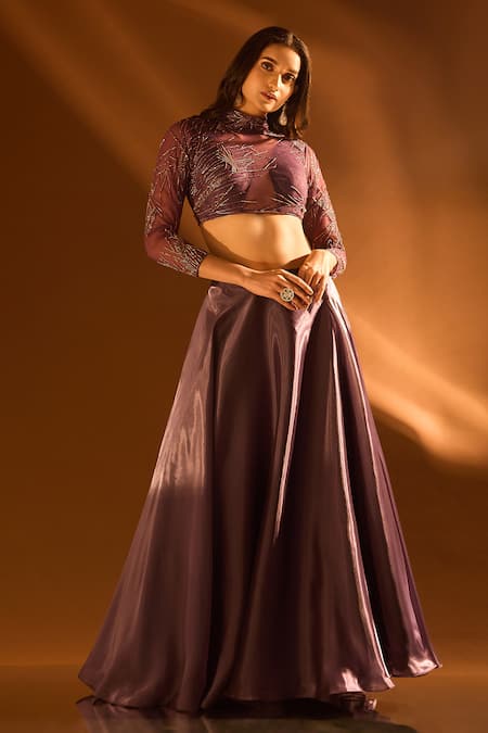 Buy_Samyukta Singhania_Purple Net, Satin, Organza Cut Work, Sequins, Embroidered Blouse And Lehenga Set _Online_at_Aza_Fashions