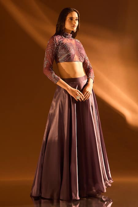 Buy_Samyukta Singhania_Purple Net, Satin, Organza Cut Work, Sequins, Embroidered Blouse And Lehenga Set 