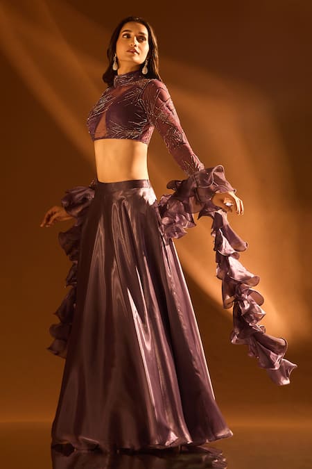 Shop_Samyukta Singhania_Purple Net, Satin, Organza Cut Work, Sequins, Embroidered Blouse And Lehenga Set 