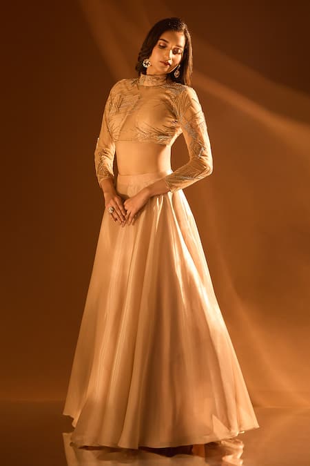 Shop Samyukta Singhania Off White Net, Satin Sequins, Cut Work, Glass Embroidered Blouse Lehenga Set at Aza Fashions Shop_Samyukta Singhania_Off White Net, Satin Sequins, Cut Work, Glass Embroidered Blouse Lehenga Set _at_Aza_Fashions