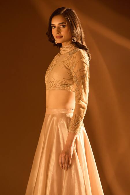 Samyukta Singhania Off White Net, Satin Sequins, Cut Work, Glass Embroidered Blouse Lehenga Set Online at Aza Fashions Samyukta Singhania_Off White Net, Satin Sequins, Cut Work, Glass Embroidered Blouse Lehenga Set _Online_at_Aza_Fashions