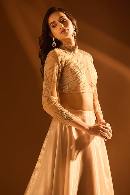 Buy Samyukta Singhania Off White Net, Satin Sequins, Cut Work, Glass Embroidered Blouse Lehenga Set Online at Aza Fashions Buy_Samyukta Singhania_Off White Net, Satin Sequins, Cut Work, Glass Embroidered Blouse Lehenga Set _Online_at_Aza_Fashions